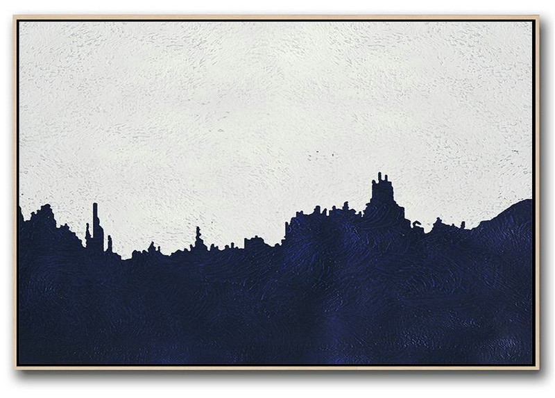 Original Art Acrylic Painting,Horizontal Abstract Painting Navy Blue Minimalist Painting On Canvas,Canvas Wall Paintings